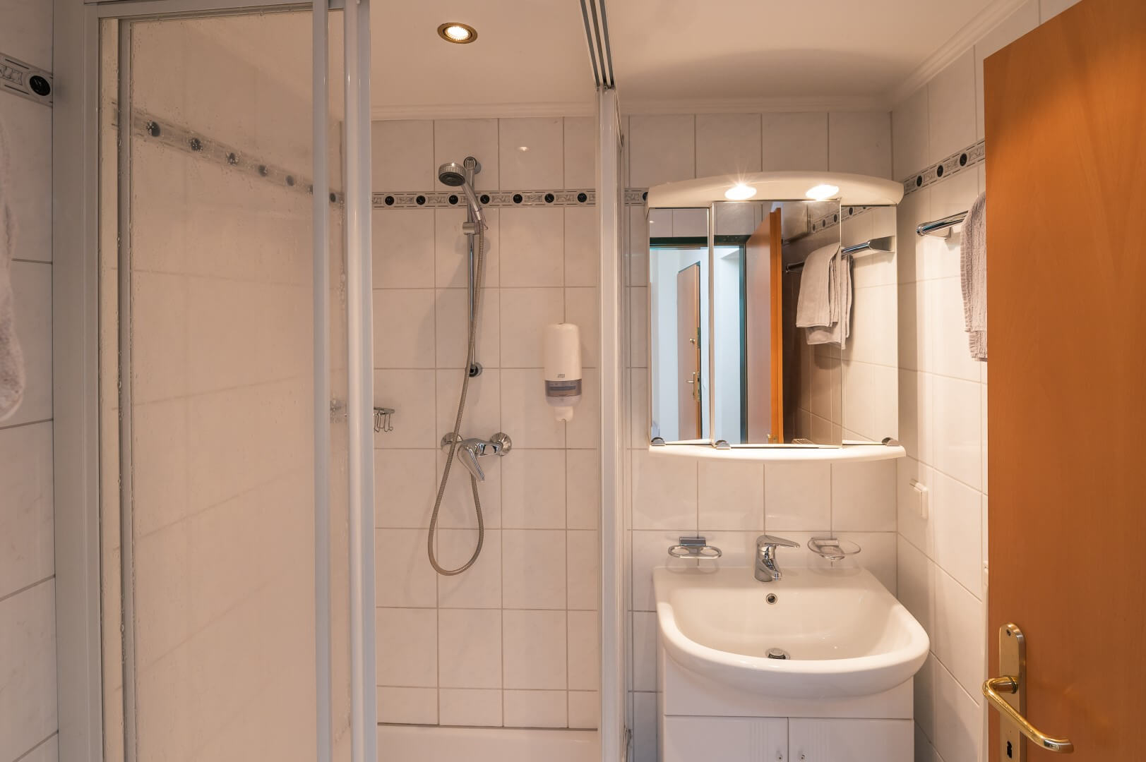Eine helle und saubere Badezimmersuite mit Dusche, Spiegel und Waschtisch im Gasthaus Treiber.