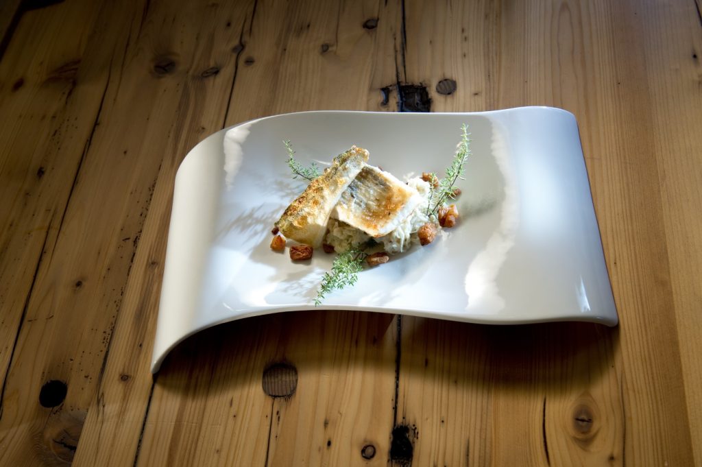 Ein Zanderfilet auf cremigem Risotto mit knusprigen Speckwürfeln, serviert auf einem stilvollen weißen Teller im Gasthaus Treiber.
