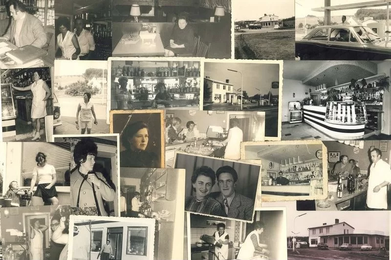 Collage historischer Schwarz-Weiß-Fotos, die die Geschichte des Gasthaus Treiber und die Entwicklung über die Generationen hinweg zeigen.